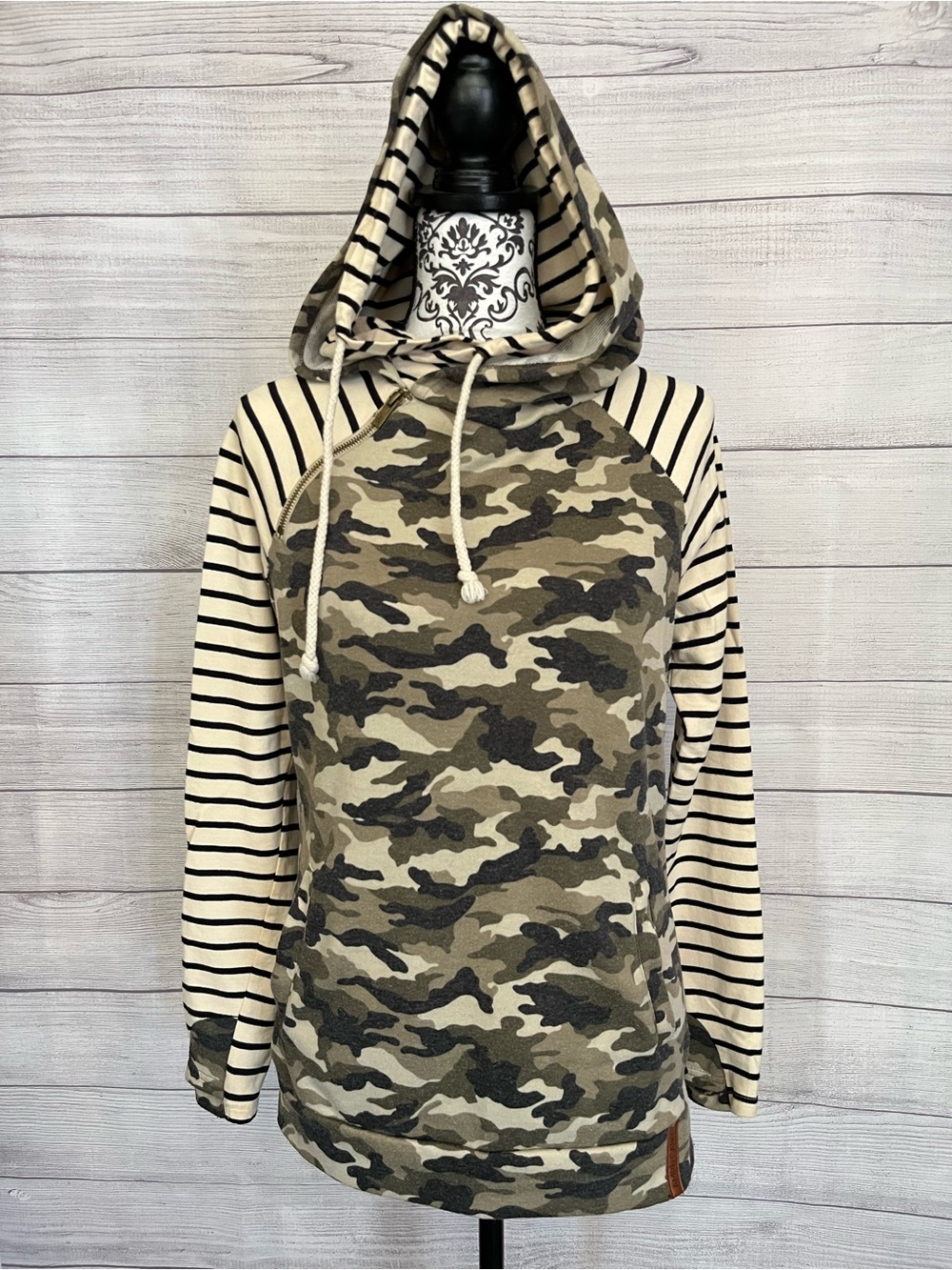 AMPERSAND AVE | Olive Camo Hoodie with Cream Stripe Sleeves